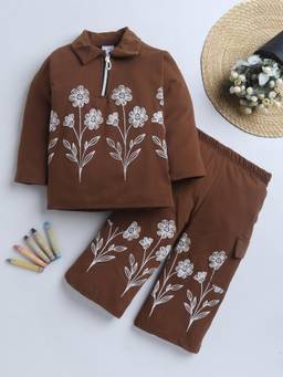 FOURFOLDS - Girls Brown Cotton Blend Floral Embroidered Night Suit Set