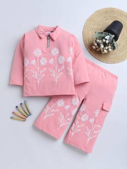 FOURFOLDS - Girls Pink Cotton Blend Floral Embroidered Night Suit Set