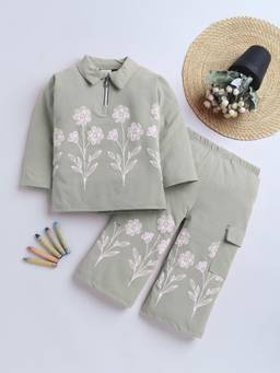FOURFOLDS - Girls Sage Green Cotton Blend Floral Embroidered Night Suit Set