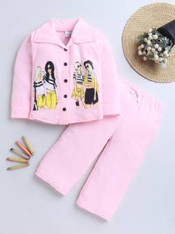 FOURFOLDS - Girls Baby Pink Cotton Blend Graphic Print Night Suit Set