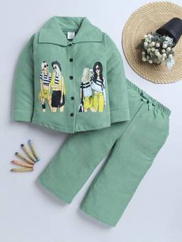 FOURFOLDS - Girls Sage Green Cotton Blend Graphic Print Night Suit Set