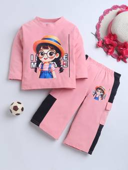 FOURFOLDS - Girls Baby Pink Cotton Blend Graphic Print Night Suit Set