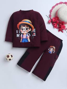 FOURFOLDS - Girls Burgundy Cotton Blend Graphic Print Night Suit Set