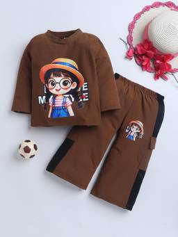 FOURFOLDS - Girls Brown Cotton Blend Graphic Print Night Suit Set