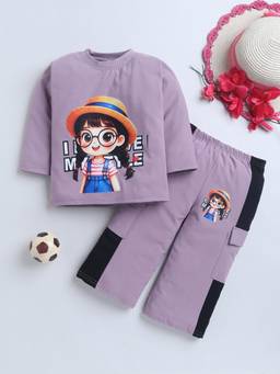 FOURFOLDS - Girls Purple Cotton Blend Graphic Print Night Suit Set