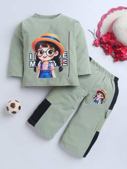 FOURFOLDS - Girls Sage Green Cotton Blend Graphic Print Night Suit Set