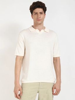 Calvin Klein - Cream Solid Regular Fit Linen Polo T-shirt
