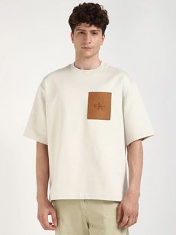 Calvin Klein - Cream Embroidered Logo Oversized Fit Cotton T Shirt
