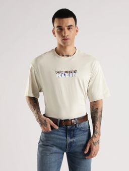 Calvin Klein - Beige Embroidered Logo Relaxed Fit Cotton T-shirt