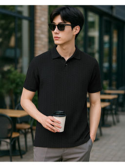 Bewakoof - Men's Jet Black Textured Korean Polo T-shirt