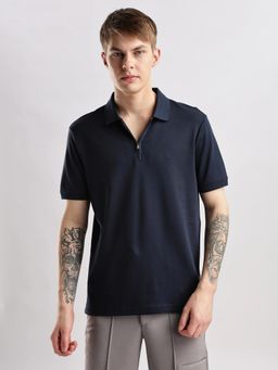 Calvin Klein - Navy Blue Solid Regular Fit Cotton Polo T-shirt