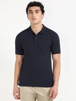 Calvin Klein - Navy Blue Solid Slim Fit Cotton Polo T-shirt