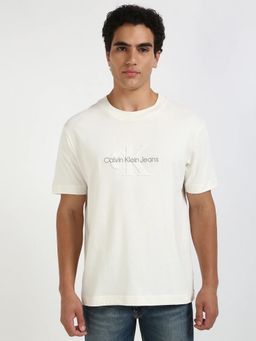 Calvin Klein - Off White Embroidered Logo Regular Fit Cotton T-shirt