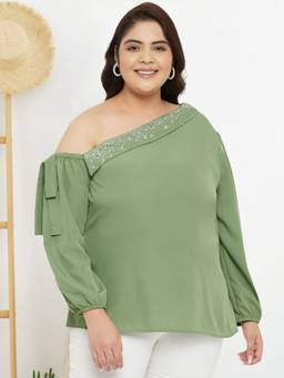 Martini - Women Green Plus Size Embellished One Shoulder Top