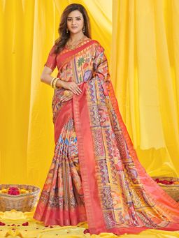 Akhilam - Womens Dola Silk Pink Digital Print Designer Saree with Unstitched Blouse