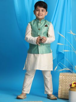 Vastramay - Boys Green & Cream Jacket With Kurta & Pyjama (Set of 3)