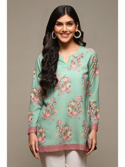 Biba - Women Green Floral Printed Poly Crepe Straight Kurti