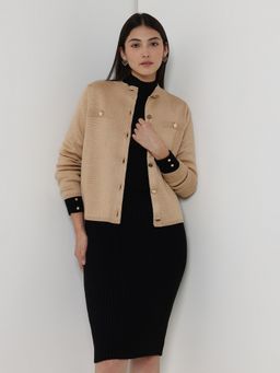 FableStreet - LivSoft Round Neck Cardigan - Beige