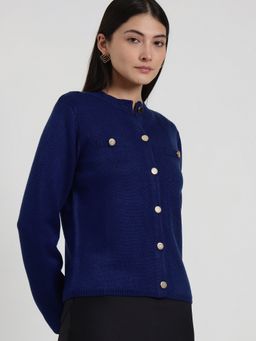 FableStreet - LivSoft Round Neck Cardigan - Navy Blue