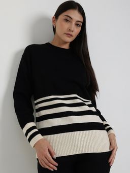 FableStreet - LivSoft Striped Round Neck Sweater - Black