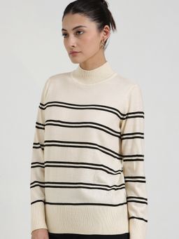 FableStreet - LivSoft Striped High Neck Sweater - Off White