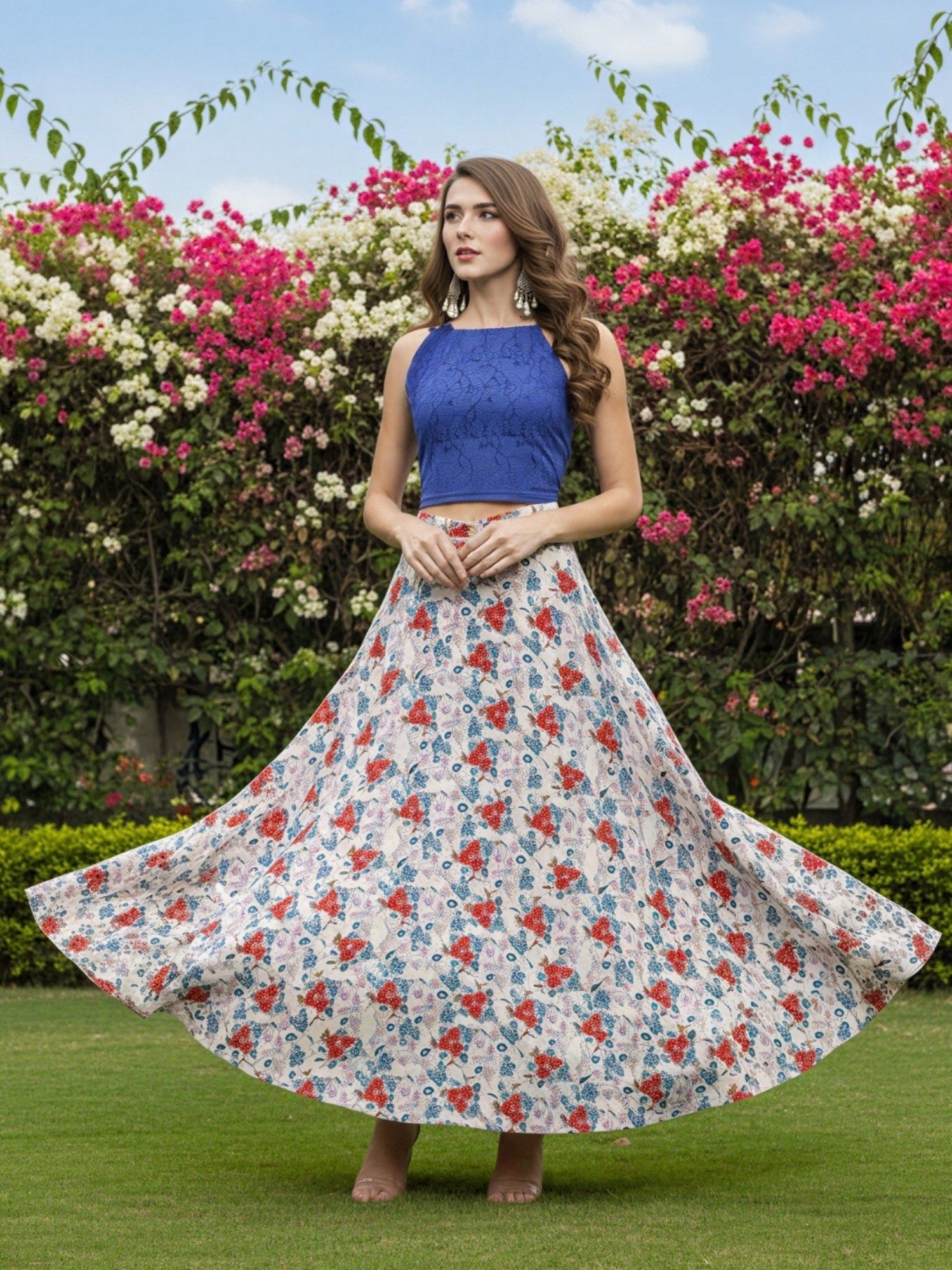 sera Elegant Blue and Off-White Crop Top with Floral Flowing Skirt-picture-13