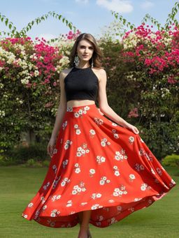 Sera - Stylish Black Crop Top with Red Floral Flowing Skirt