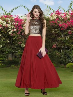 Sera - Designer Red Golden Sequin Crop Top with Flared Skirt