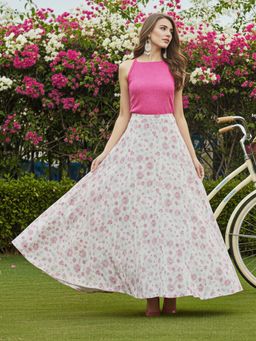 Sera - Elegant Sleeveless Crop Top with Pink and White Floral Flowing Skirt