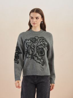 Latin Quarters - Women's Grey Full Sleeves Round Neck Self Design Casual Hip Length Sweater