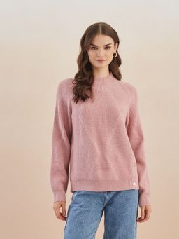 Latin Quarters - Women's Pink Full Sleeves Round Neck Knitted Casual Hip Length Sweater