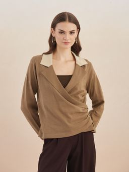 Latin Quarters - Women's Brown Full Sleeves Spread Collar Solid Casual Regular Sweater