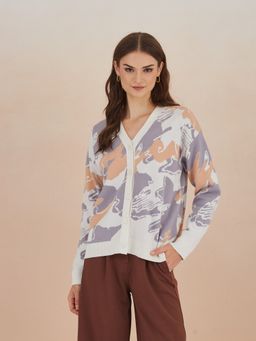 Latin Quarters - Women's Multi-Color Full Sleeves V-Neck Abstract Casual Regular Cardigan