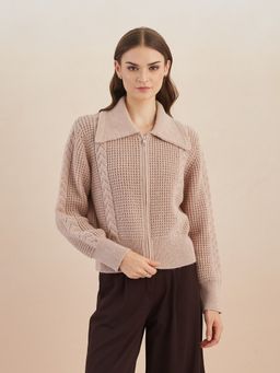 Latin Quarters - Women's Beige Full Sleeves Collared Knitted Casual Regular Cardigan