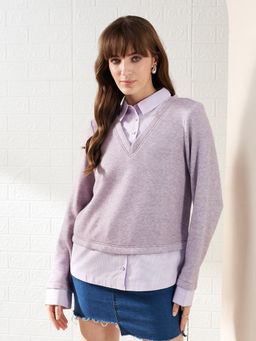 Latin Quarters - Women's Lavender Full Sleeves V-Neck Solid Casual Regular Sweater