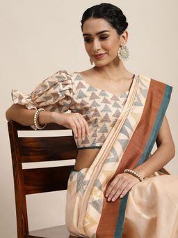 Odette - Bhagalpuri Silk Beige Printed Saree with Unstitched Blouse