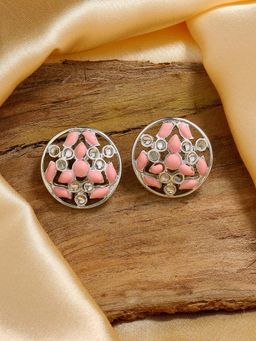 Estele - Rhodium Plated Charming Kundan Stud Earrings with Pink Enamel for Women