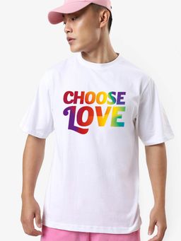 Bewakoof - Men's White Choose Love Typography Oversized T-shirt