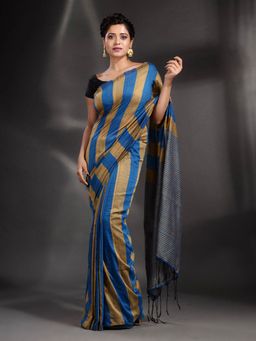 Arhi - Sapphire Blue And Mustard Pure Cotton Handwoven Saree Unstitched Blouse