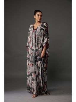 PS Pret by Payal Singhal - Black And White Uzbek Print Crepe Embroidered Kaftan Dress