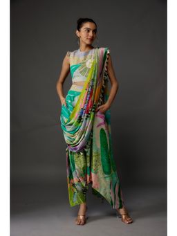 PS Pret by Payal Singhal - Tropical Print Top With Crotch Pants Attached With Drape (Set of 2)