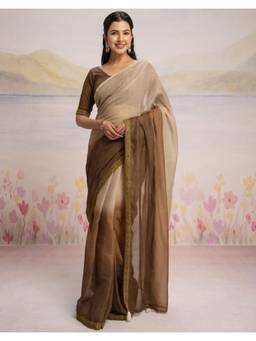 Nyri - Brown Ombre Lace Tassel Linen Ready To Wear Saree
