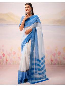 Nyri - White Printed Zari Border Linen Ready To Wear Saree