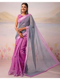 Nyri - Pink Printed Linen Ready To Wear Saree