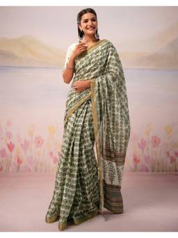 Nyri - Off White Printed Silk Ready To Wear Saree
