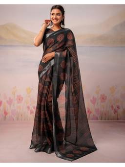 Nyri - Black Printed Zari Border Linen Ready To Wear Saree