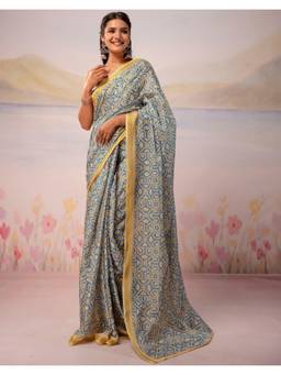 Nyri - Blue Printed Silk Ready To Wear Saree