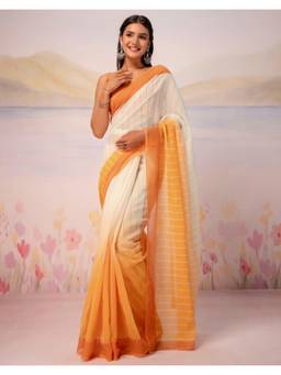 Nyri - White Ombre Printed Linen Ready To Wear Saree