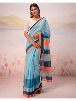 Nyri - Sky Blue Printed Linen Ready To Wear Saree