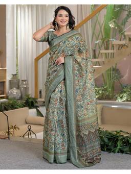 Nyri - Green Printed Linen Ready To Wear Saree